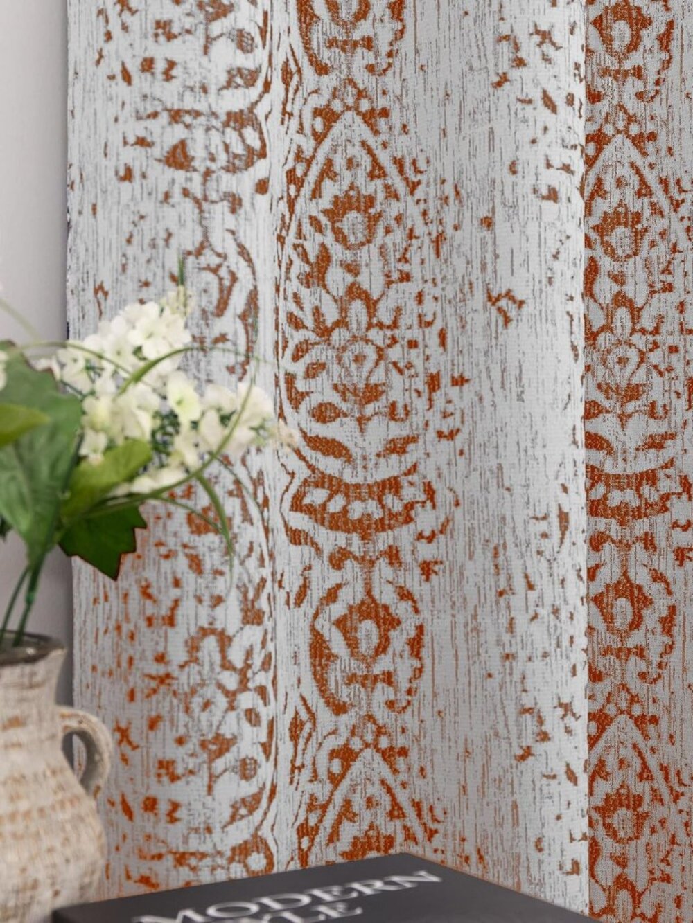 Rust Red Printed Curtains for Living Room Bohemian 50% Blackout Room Darkening M